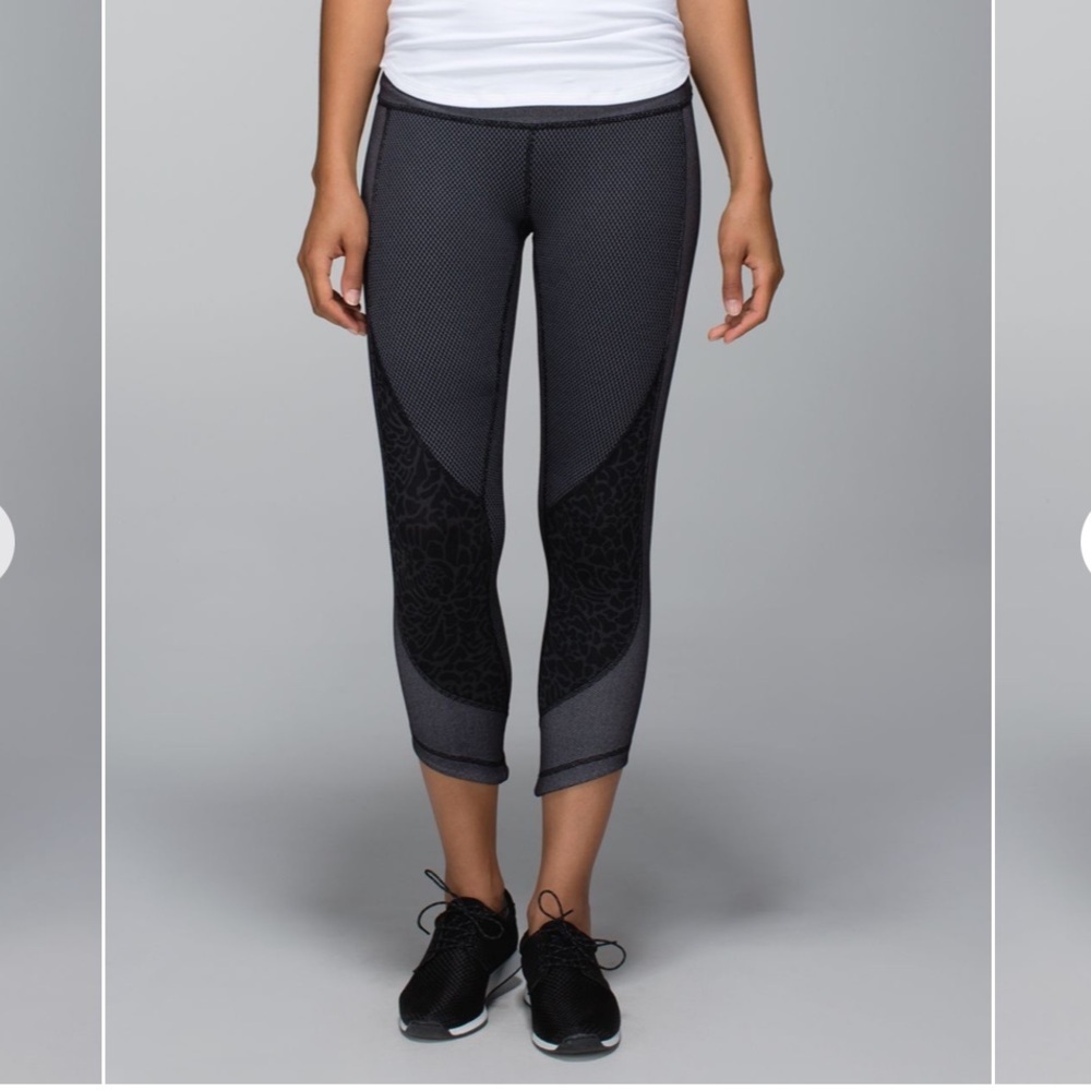 Lululemon Wunder Under Sashiko Black Grey Crop Leggings Womens Size 6